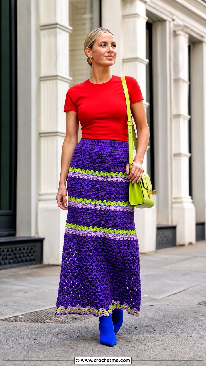 Crochet Maxi Skirt With Fitted T Shirt And Ankle Boots - 35 crochet outfits ideas