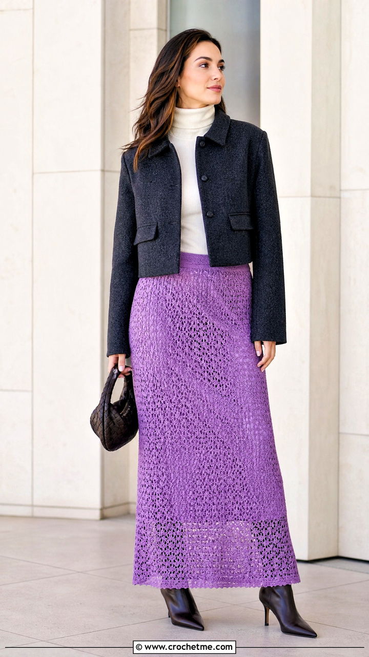 Crochet Maxi Skirt With Fitted Turtleneck - 35 crochet winter clothes and outfit ideas