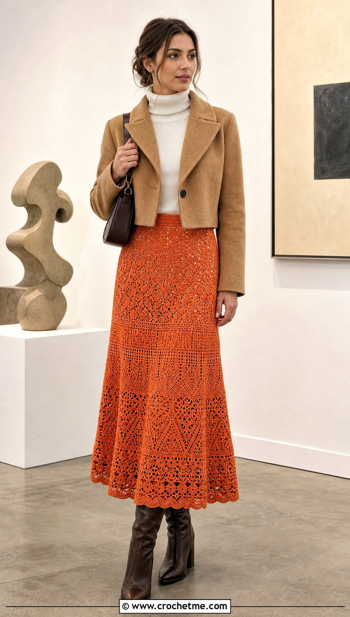 Crochet Maxi Skirt With Fitted Turtleneck - 30 crochet clothes for winter outfit ideas