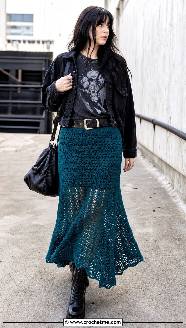 Crochet Maxi Skirt With Graphic T Shirt - 15 goth crochet clothing and outfit ideas