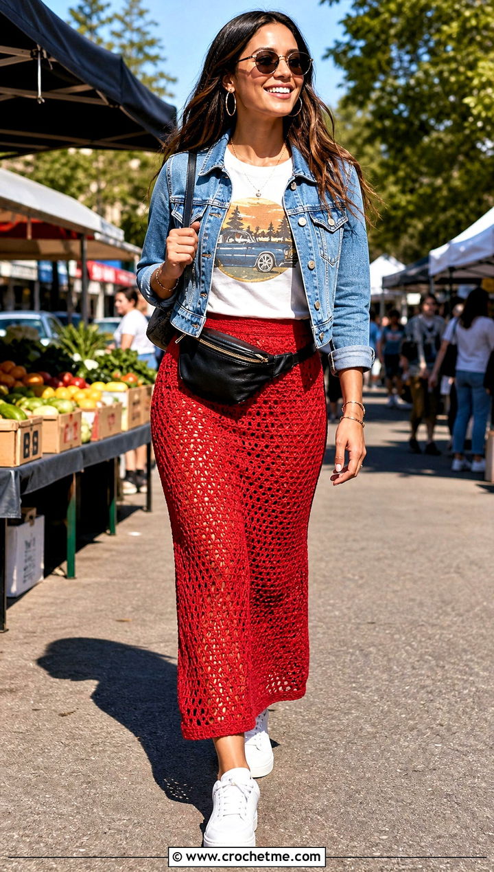 Crochet Maxi Skirt With Graphic Tee And Sneakers - 15 Barbie Inspired Crochet Outfits ideas