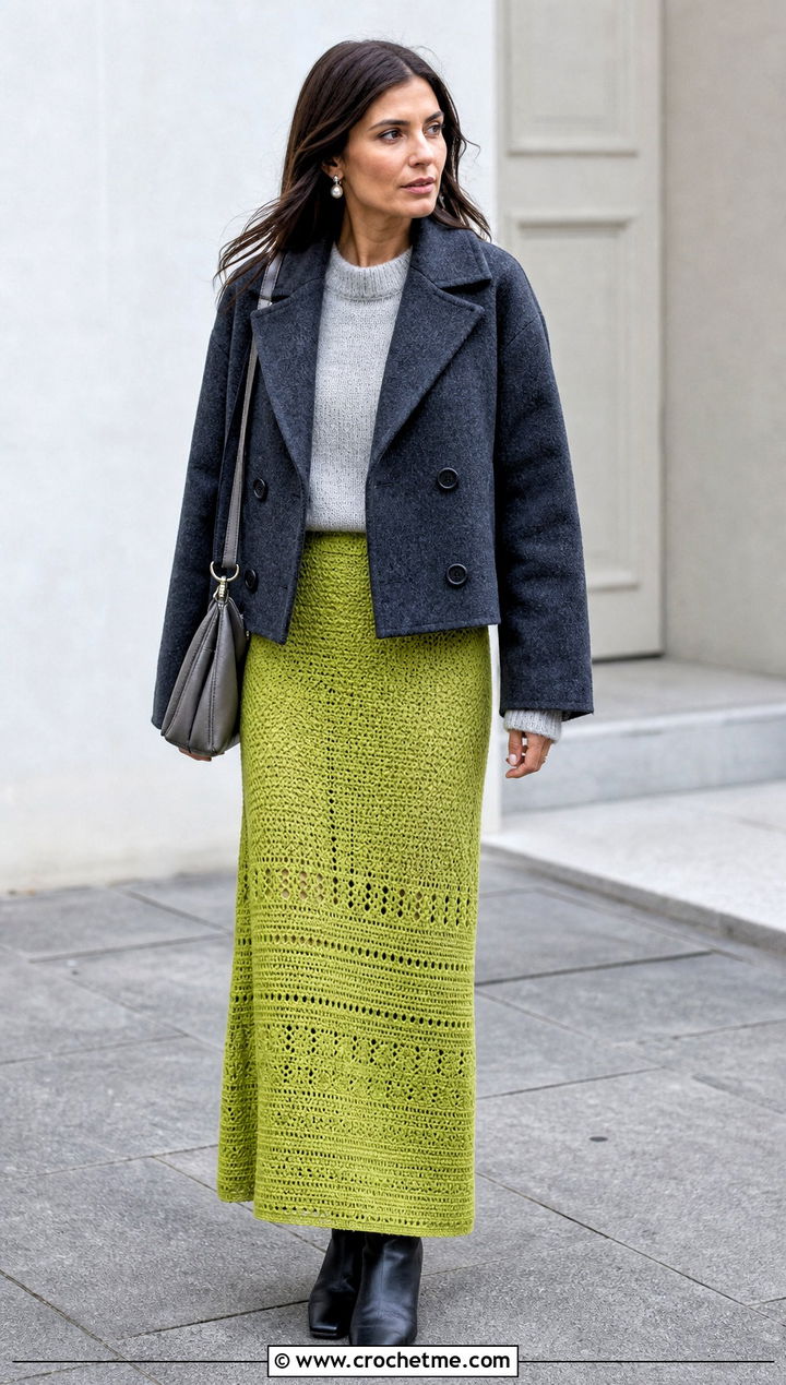 Crochet Maxi Skirt With a Cashmere Sweater - 35 Crochet Winter Outfits ideas