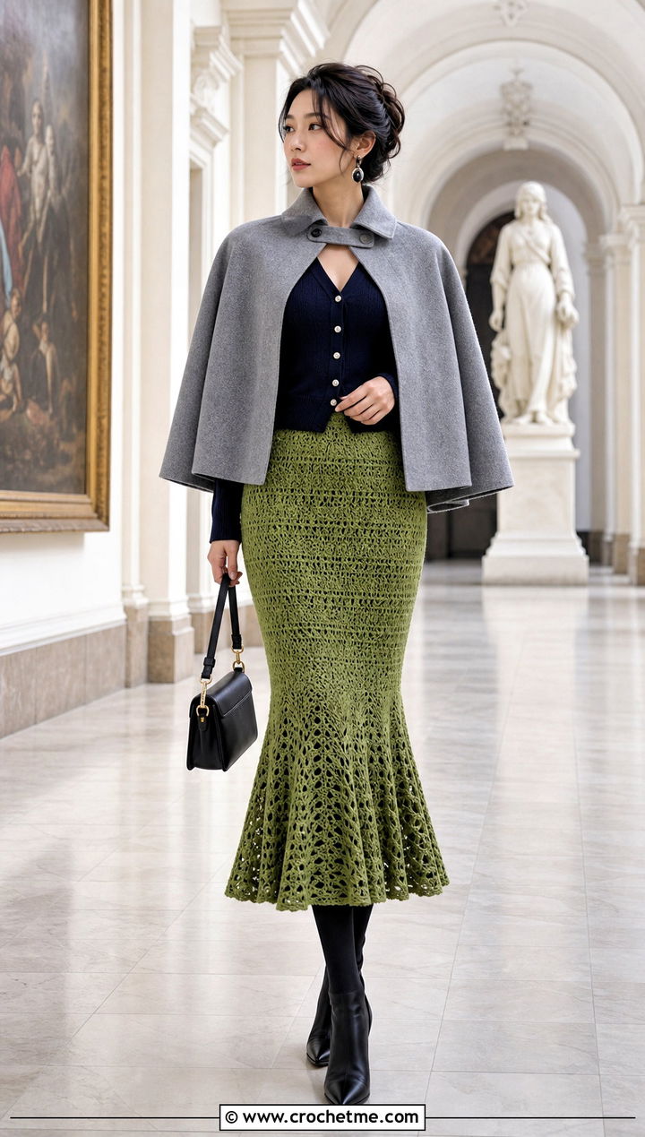 Crochet Mermaid Maxi Skirt With Fitted Cardigan - 35 crochet winter skirt outfit ideas