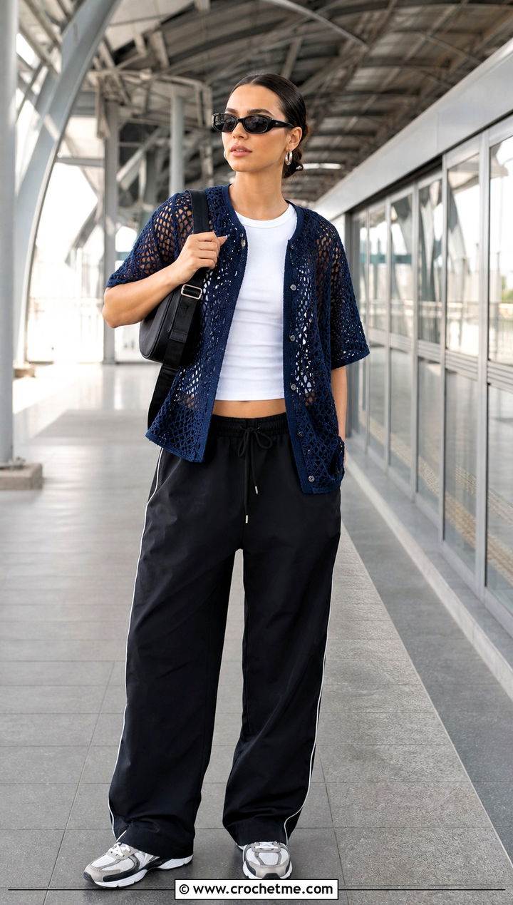 Crochet Mesh Baseball Shirt With Track Pants - 30 crochet mesh shirt outfit ideas