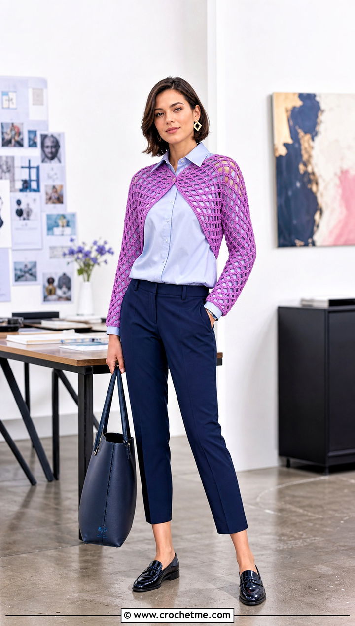 Crochet Mesh Bolero Top With Poplin Shirt - 30 long sleeve crochet mesh top outfit ideas