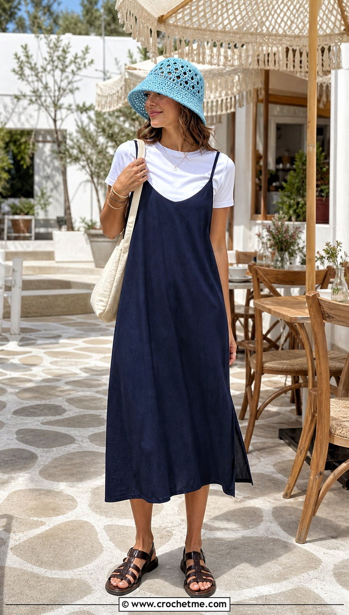 Crochet Mesh Bucket Hat With Slip Dress - 35 Crochet Hat Inspo outfit ideas