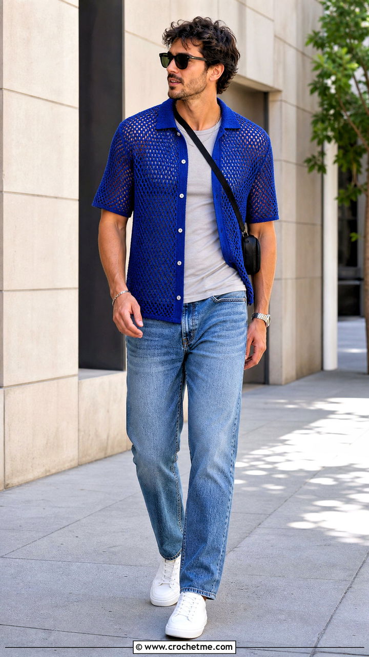 Crochet Mesh Button Up Shirt With Straight Jeans - 35 mens crochet shirt outfit ideas