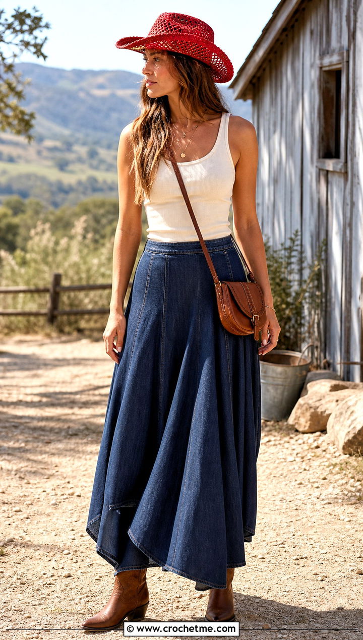 Crochet Mesh Cowboy Hat With Maxi Skirt - 35 crochet mesh hat outfit ideas