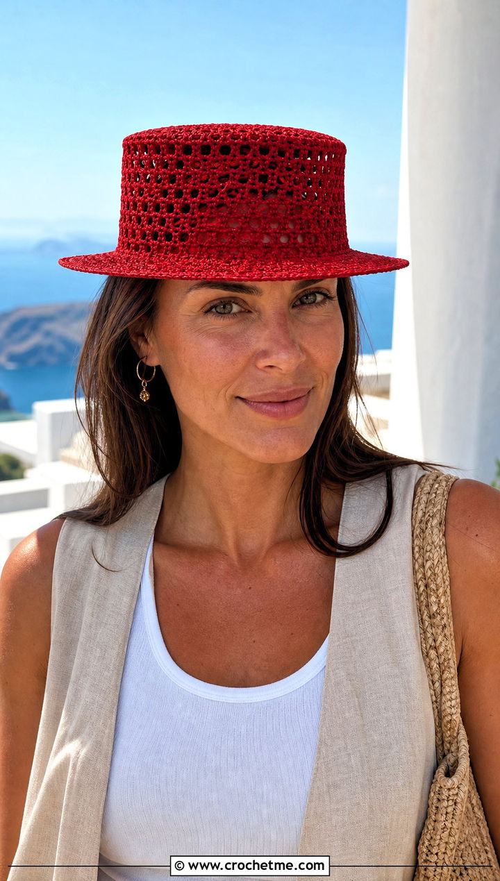 Crochet Mesh Flat Top Hat With Linen Set - 20 Flat Top Crochet Hat outfit ideas