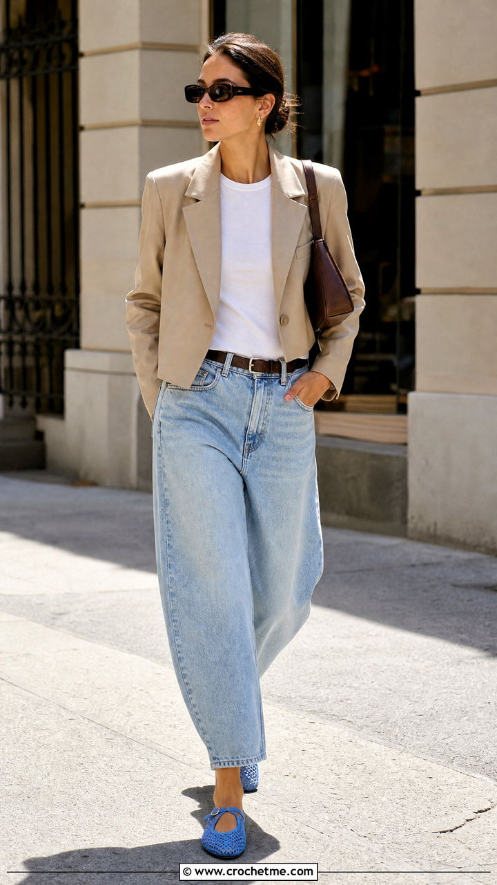 Crochet Mesh Flats With Barrel Leg Jeans - 35 crochet shoes outfit ideas