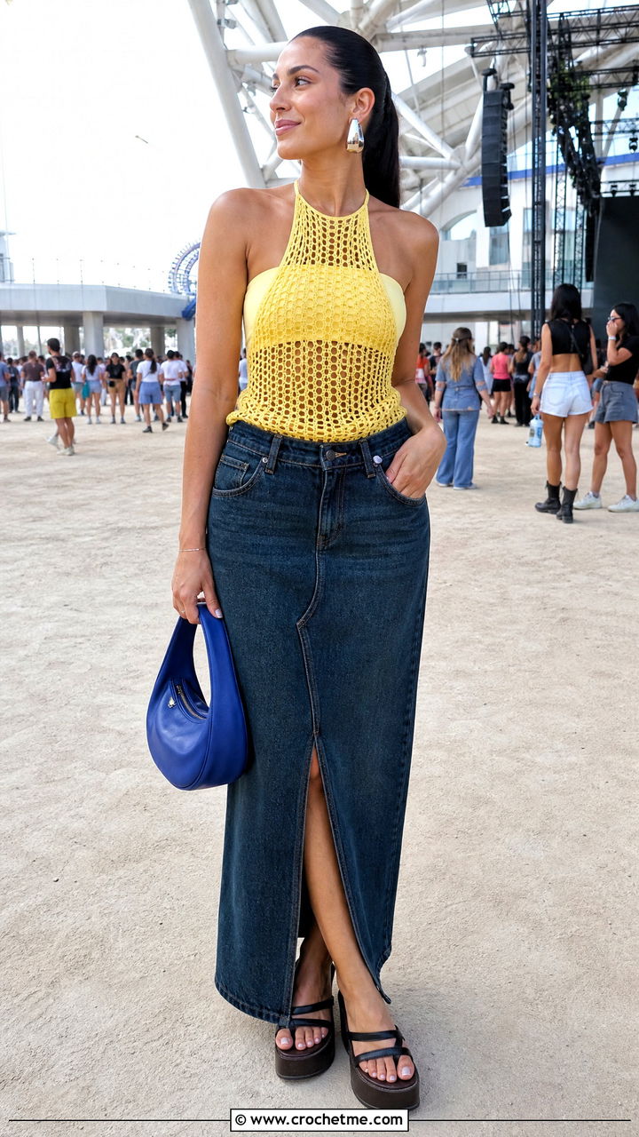 Crochet Mesh Halter Top With Maxi Denim Skirt - 35 crochet mesh top outfit ideas
