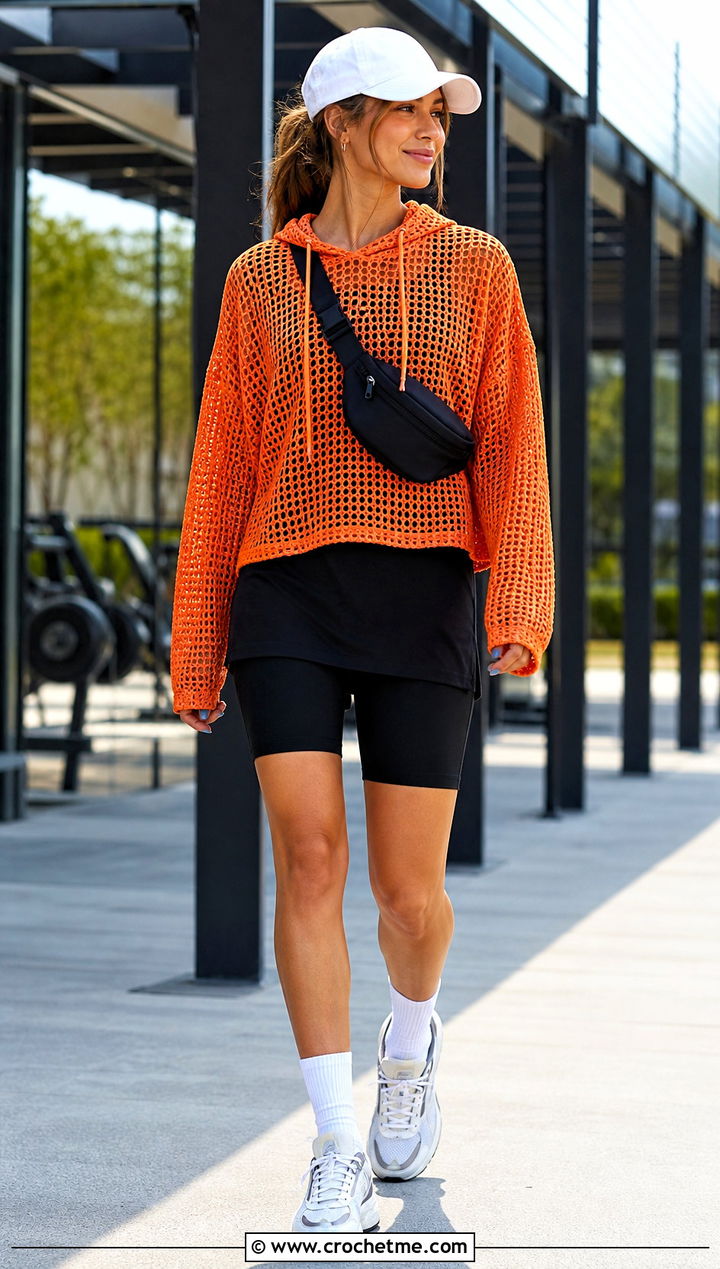 Crochet Mesh Hoodie With Bike Shorts - 35 oversized crochet mesh sweater outfit ideas