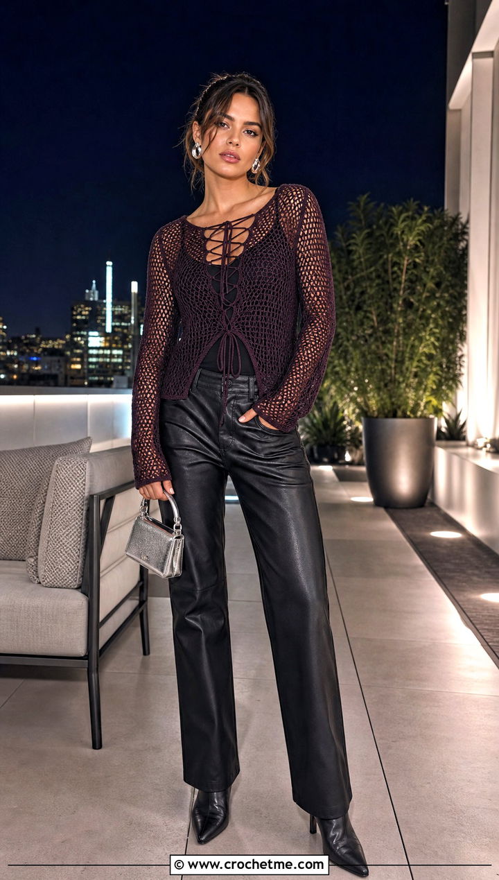 Crochet Mesh Long Sleeve Lace Up Top With Leather Pants - 30 crochet lace up top outfit ideas