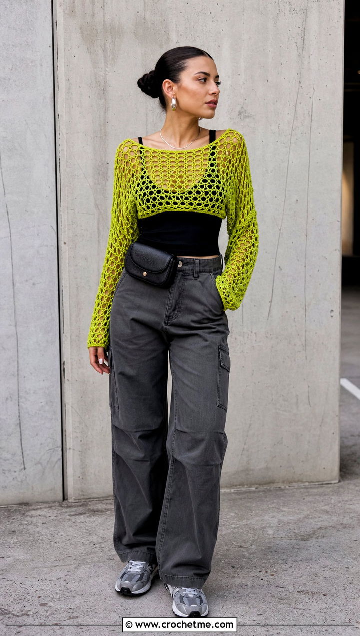 Crochet Mesh Long Sleeve Top With Cargo Pants - 25 cute easy crochet tops outfit ideas