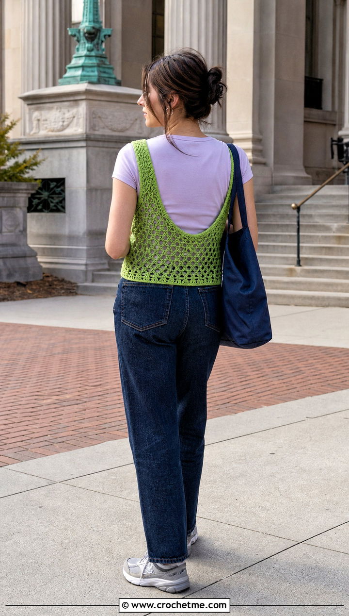 Crochet Mesh Low Back Top With a Fitted T Shirt - 25 Crochet Low Back Top outfit ideas
