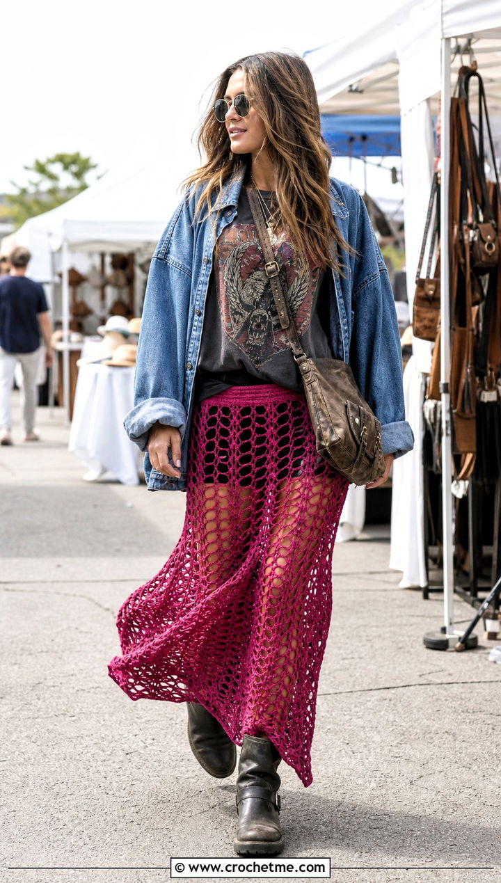 Crochet Mesh Maxi Skirt With Graphic Tee - 35 Crochet Grunge Clothes and outfit ideas