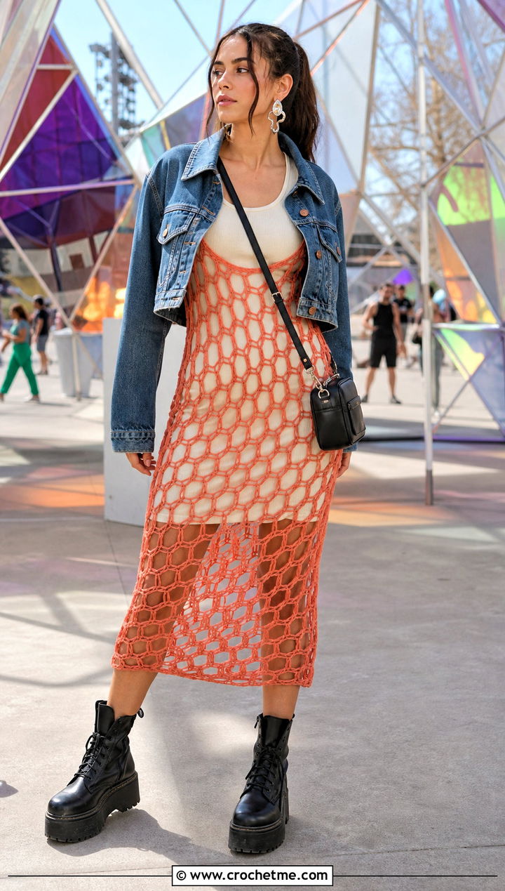 Crochet Mesh Midi Dress With Combat Boots - 30 Edgy Crochet Clothes and outfit ideas