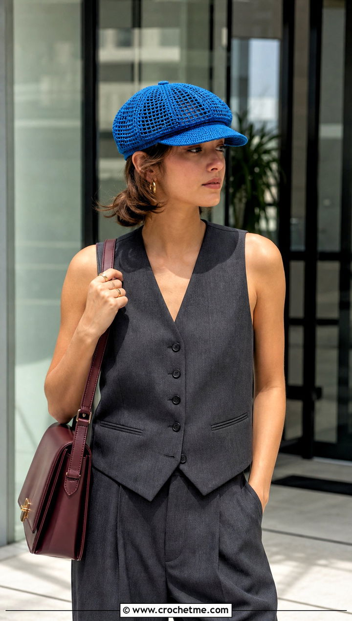 Crochet Mesh Newsboy Cap With Vest And Pleated Pants - 30 Crochet Mesh Cap outfit ideas