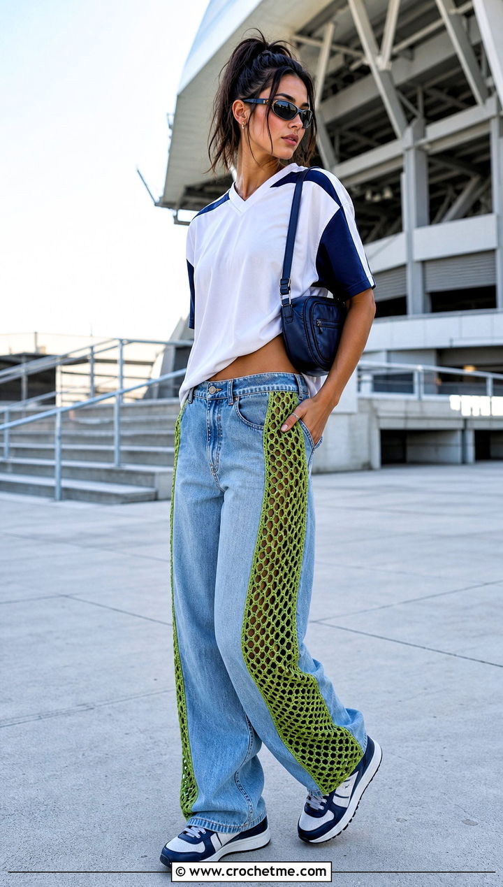 Crochet Mesh Panel Jeans With Sports Jersey - 30 crochet denim pants outfit ideas
