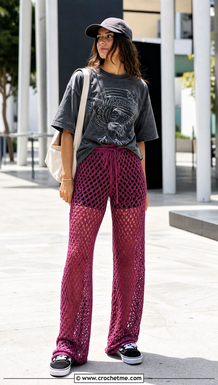 Crochet Mesh Pants With Oversized Tee - 35 Crochet Grunge Clothes and outfit ideas