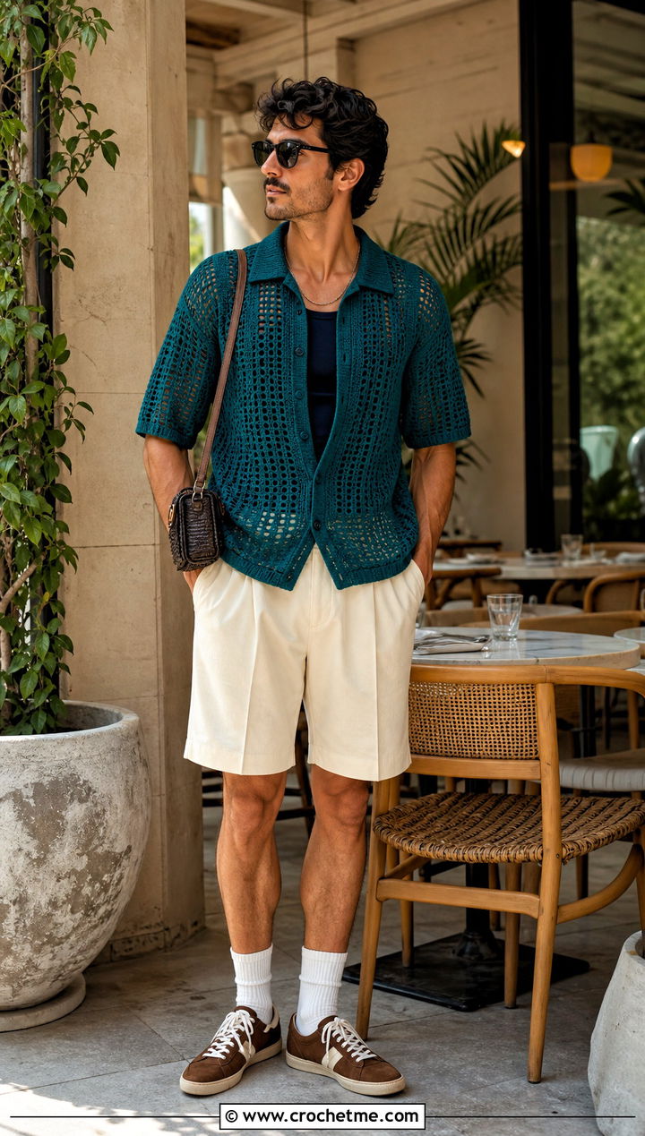 Crochet Mesh Polo Shirt With Pleated Shorts - 25 Men Crochet Mesh Shirt outfit ideas