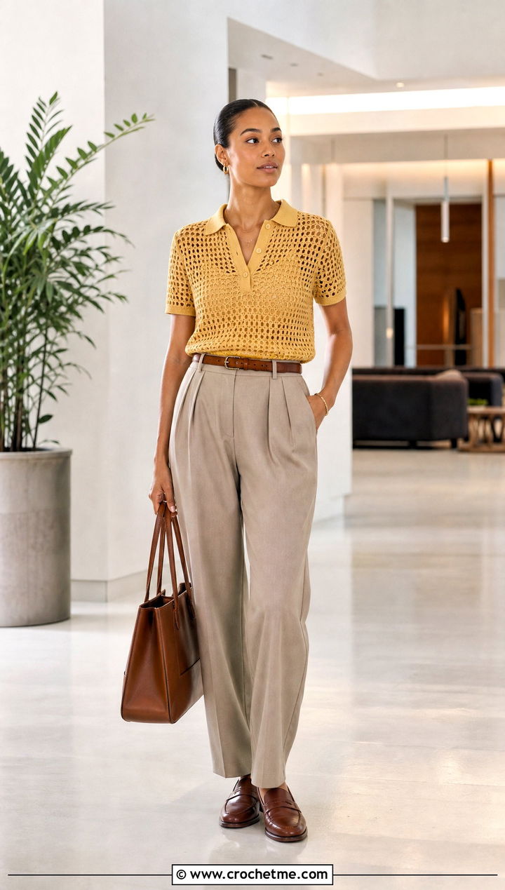 Crochet Mesh Polo Shirt With Tailored Trousers - 15 Aesthetic Cute Crochet Clothes and outfit ideas