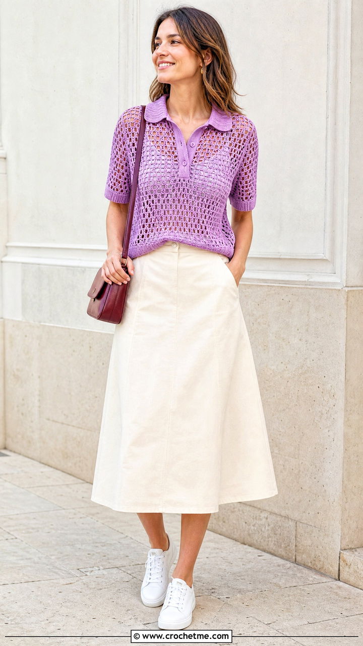 Crochet Mesh Polo Top With A Line Skirt - 35 crochet mesh top outfit ideas