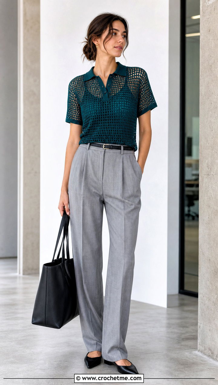 Crochet Mesh Polo With Tailored Trousers - 30 unique crochet clothes and outfit ideas