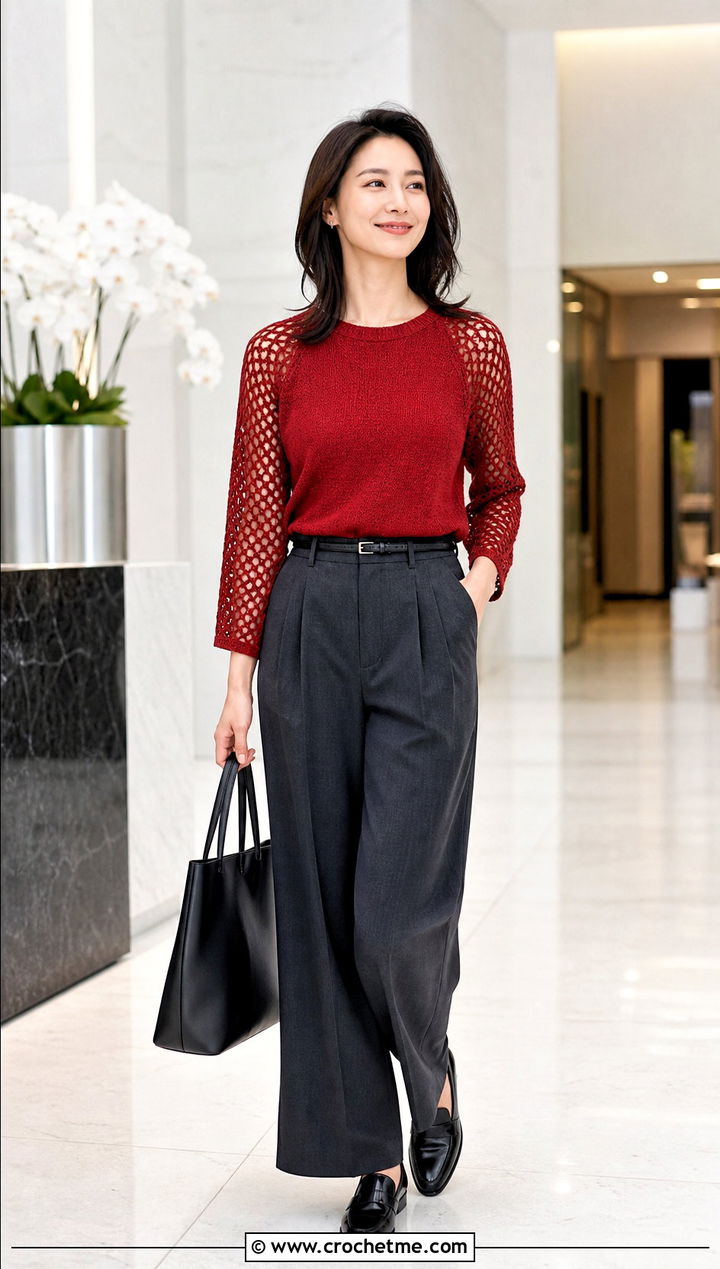 Crochet Mesh Raglan Sleeve Top With Tailored Trousers - 25 crochet mesh sleeve top outfit ideas