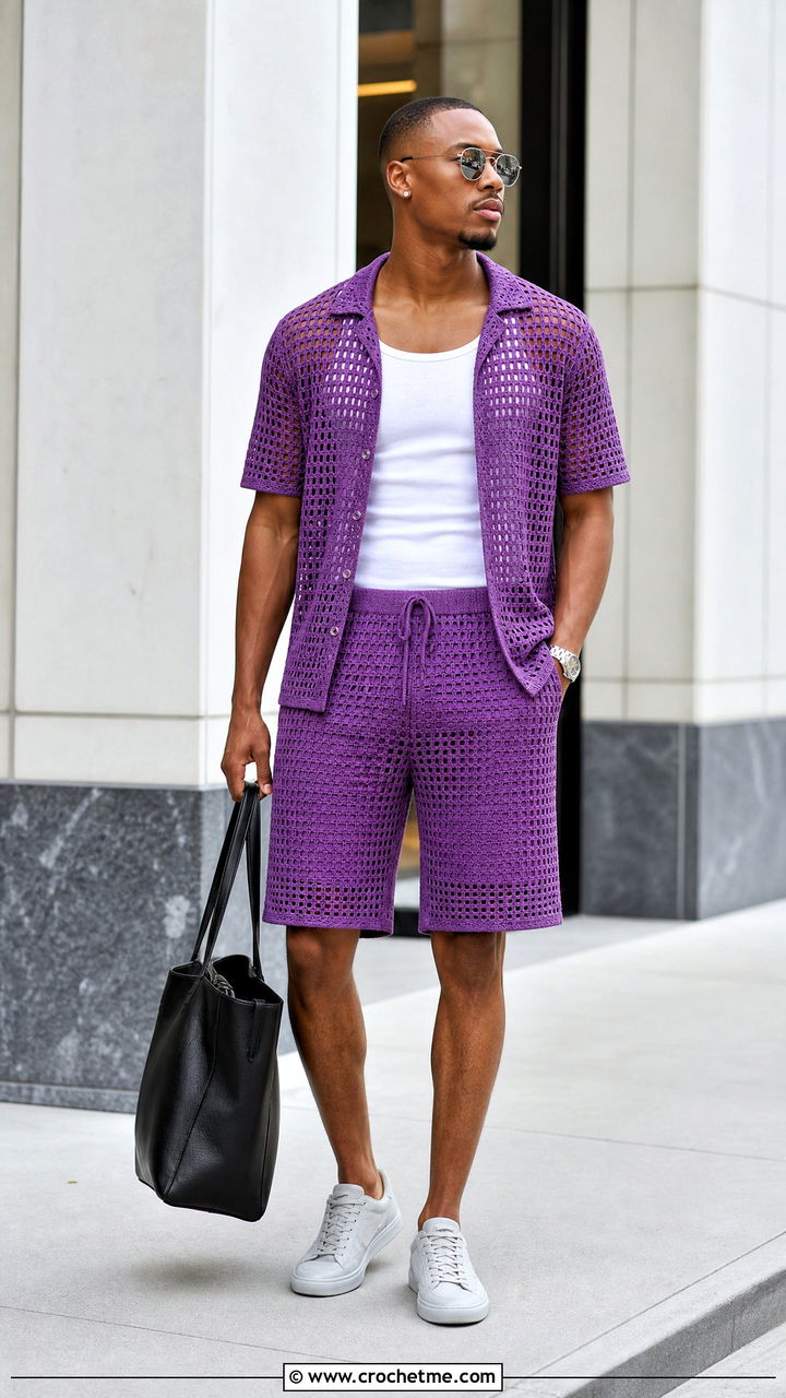 Crochet Mesh Shirt And Bermuda Shorts Set With Tank Top - 35 crochet set outfit ideas