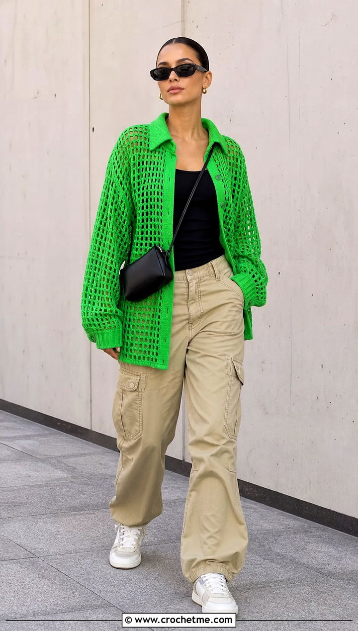 Crochet Mesh Shirt With Cargo Pants - 25 crochet women clothes and outfit ideas