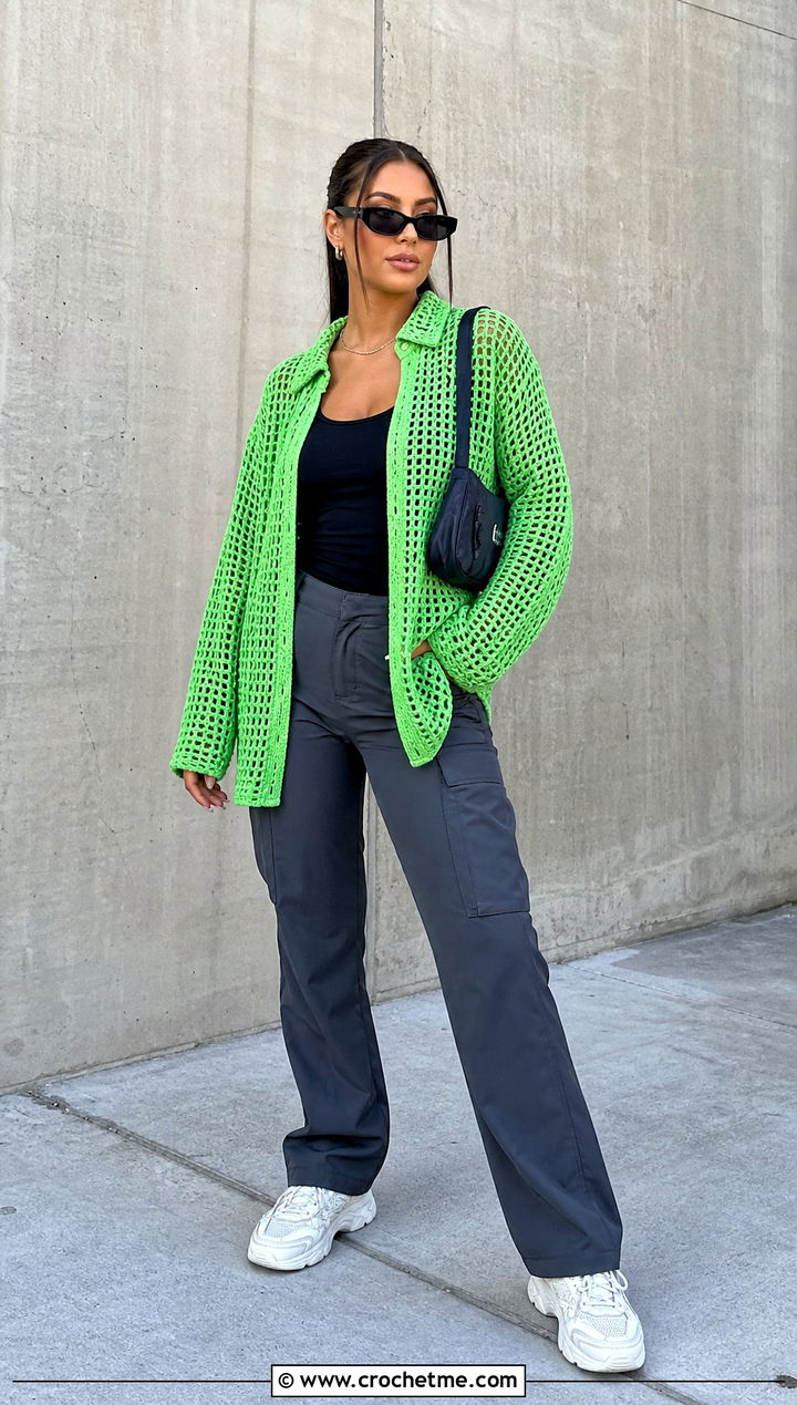 Crochet Mesh Shirt With Cargo Pants - 35 crochet shirt women outfit ideas
