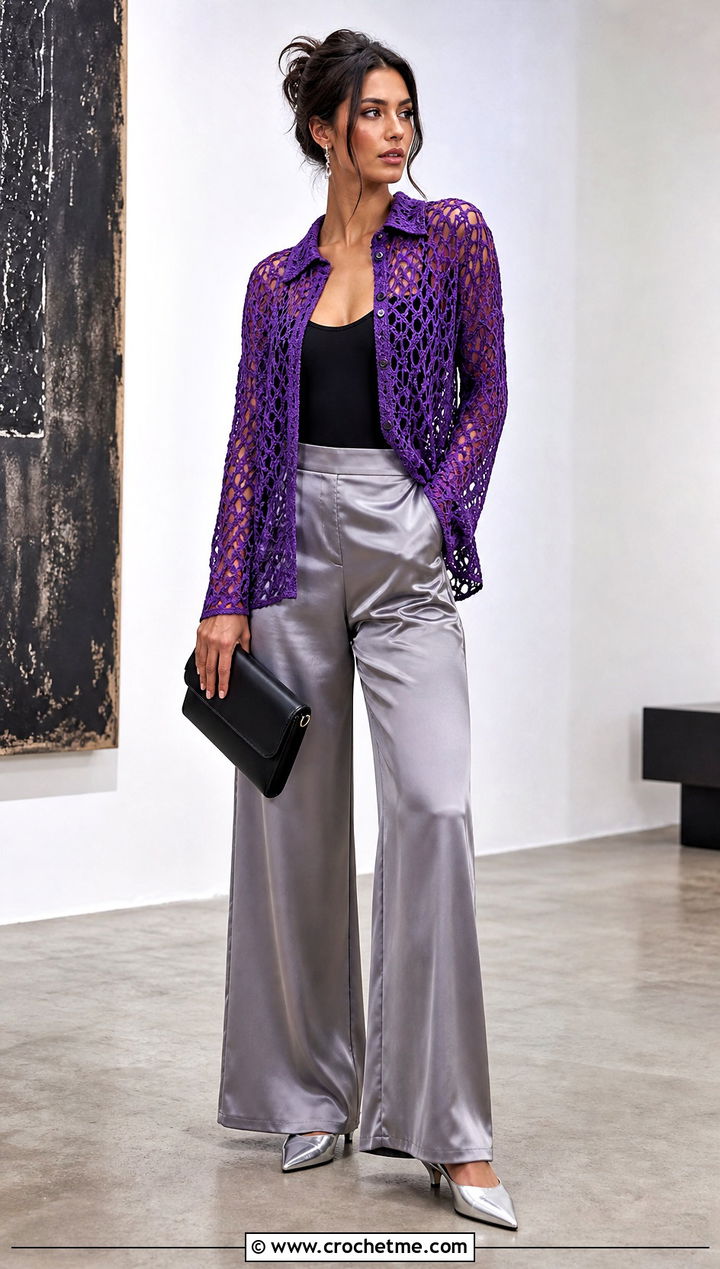 Crochet Mesh Shirt With Satin Pants - 25 Cute Things To Crochet Clothes and outfit ideas