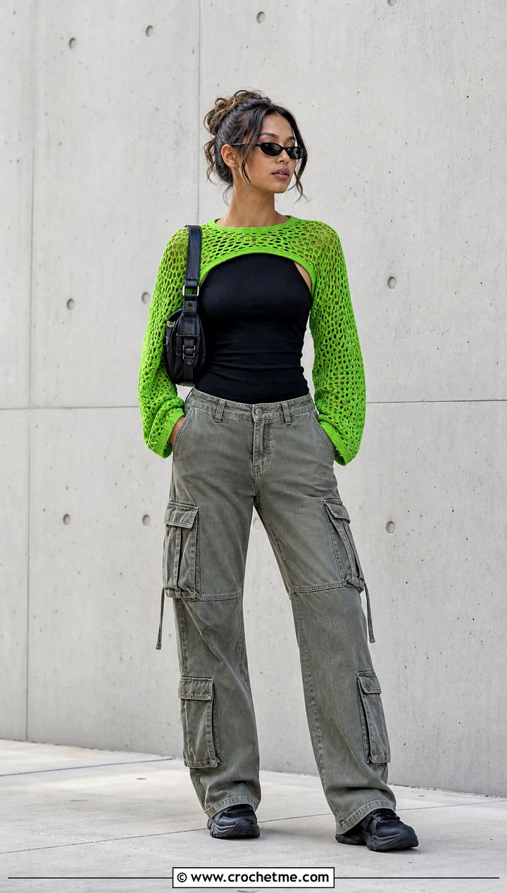 Crochet Mesh Shrug Top With Cargo Pants - 25 crochet mesh sleeve top outfit ideas