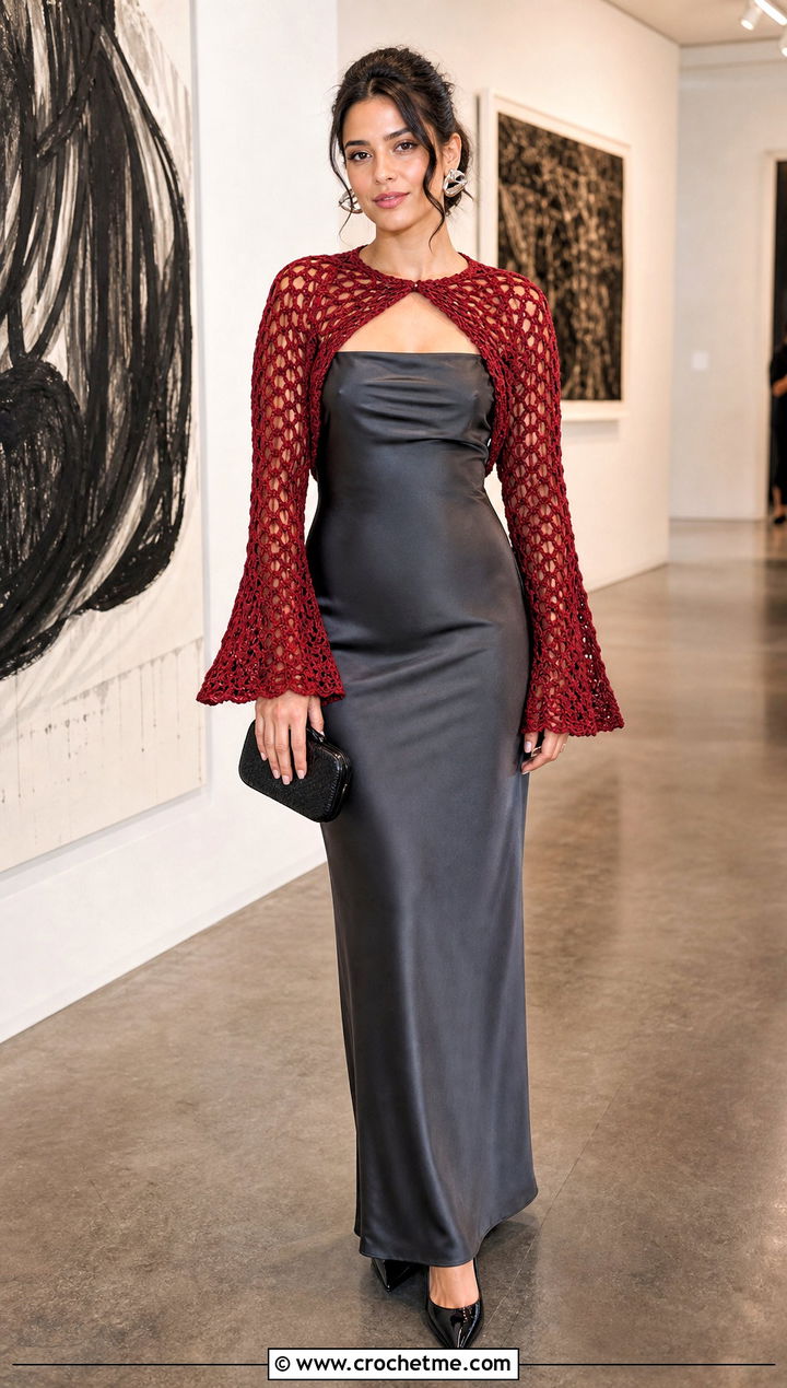 Crochet Mesh Shrug With Satin Column Dress - 25 crochet witchy clothes and outfit ideas