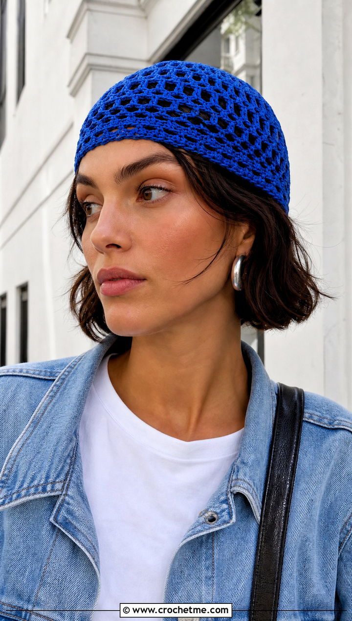 Crochet Mesh Skull Cap With White T Shirt And Jeans - 30 Crochet Mesh Cap outfit ideas