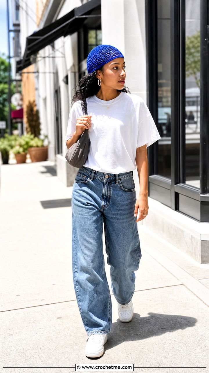 Crochet Mesh Skullcap With White T Shirt And Jeans - 35 crochet caps outfit ideas