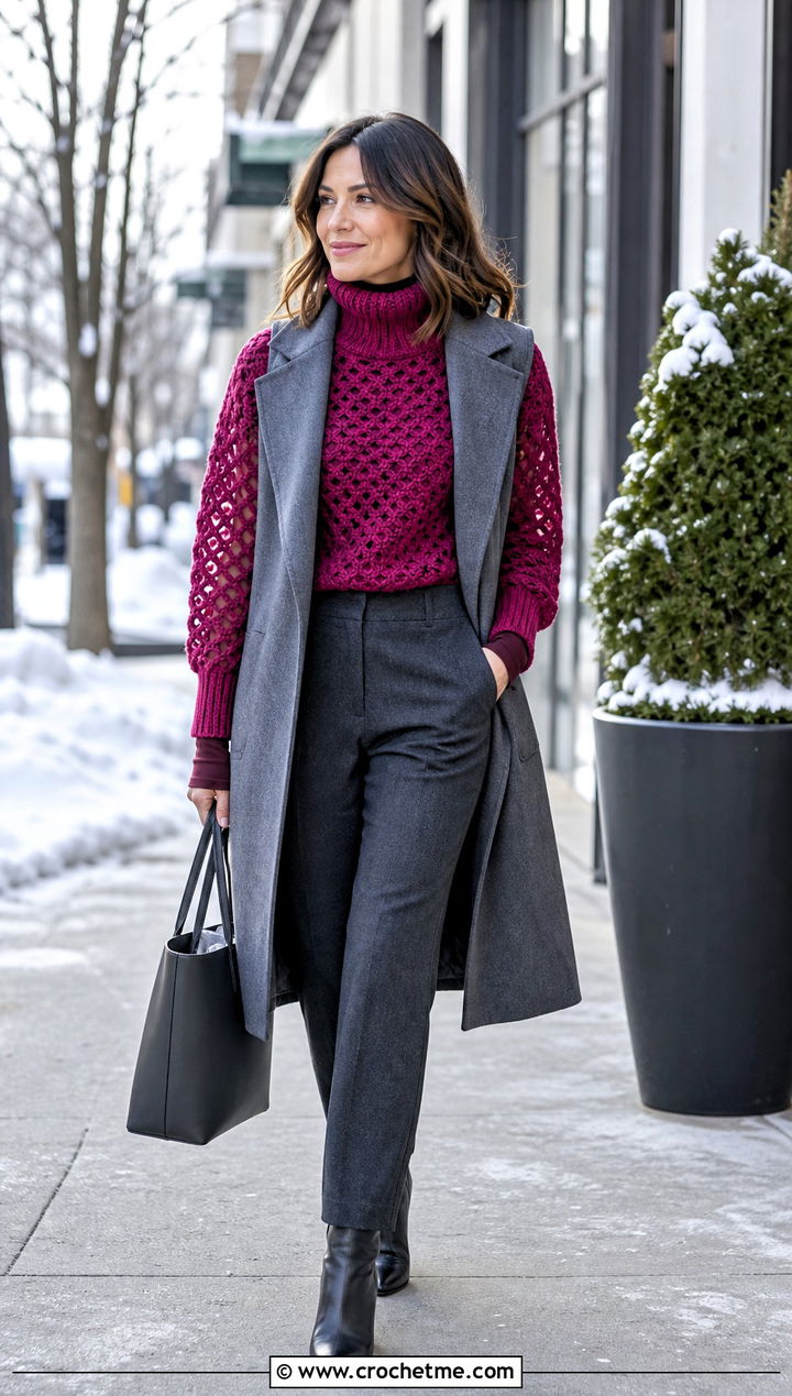 Crochet Mesh Sleeve Turtleneck With Layered Winter Outfit - 25 crochet mesh sleeve top outfit ideas