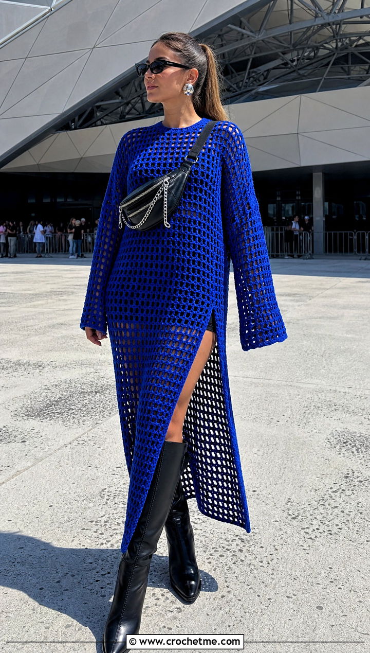 Crochet Mesh Sweater Dress With Bodysuit Shorts - 35 oversized crochet mesh sweater outfit ideas