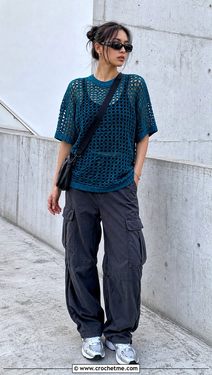 Crochet Mesh T Shirt With Cargo Pants - 30 crochet clothing ideas