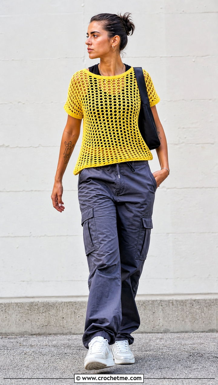 Crochet Mesh T Shirt With Cargo Pants - 30 Masc Crochet Clothes and outfit ideas