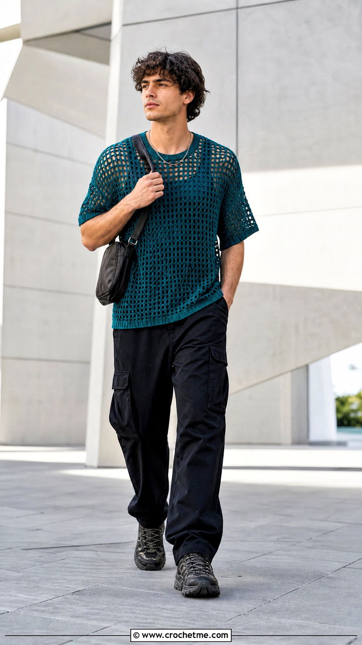 Crochet Mesh T Shirt With Cargo Pants - 35 crochet clothes for men outfit ideas