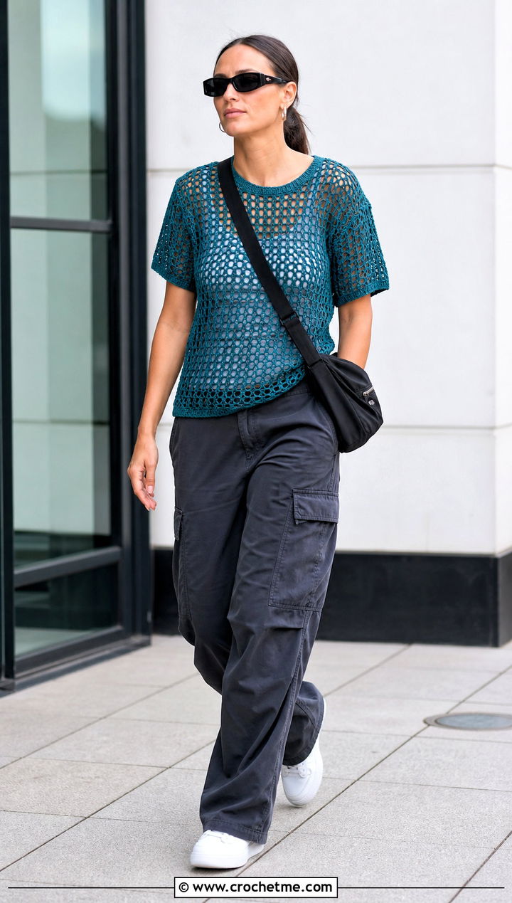 Crochet Mesh T Shirt With Cargo Pants - 25 Easy Clothes To Crochet For Beginners outfit ideas