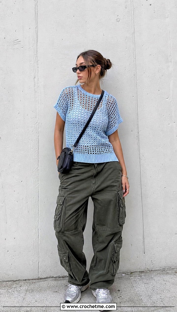 Crochet Mesh T Shirt With Cargo Pants - 30 crochet clothes outfit ideas