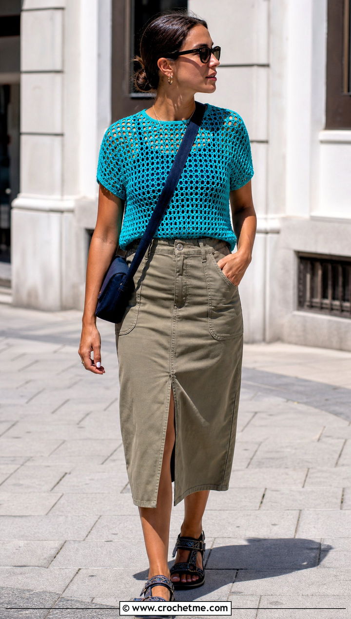 Crochet Mesh T Shirt With Utility Skirt - 30 crochet mesh shirt outfit ideas