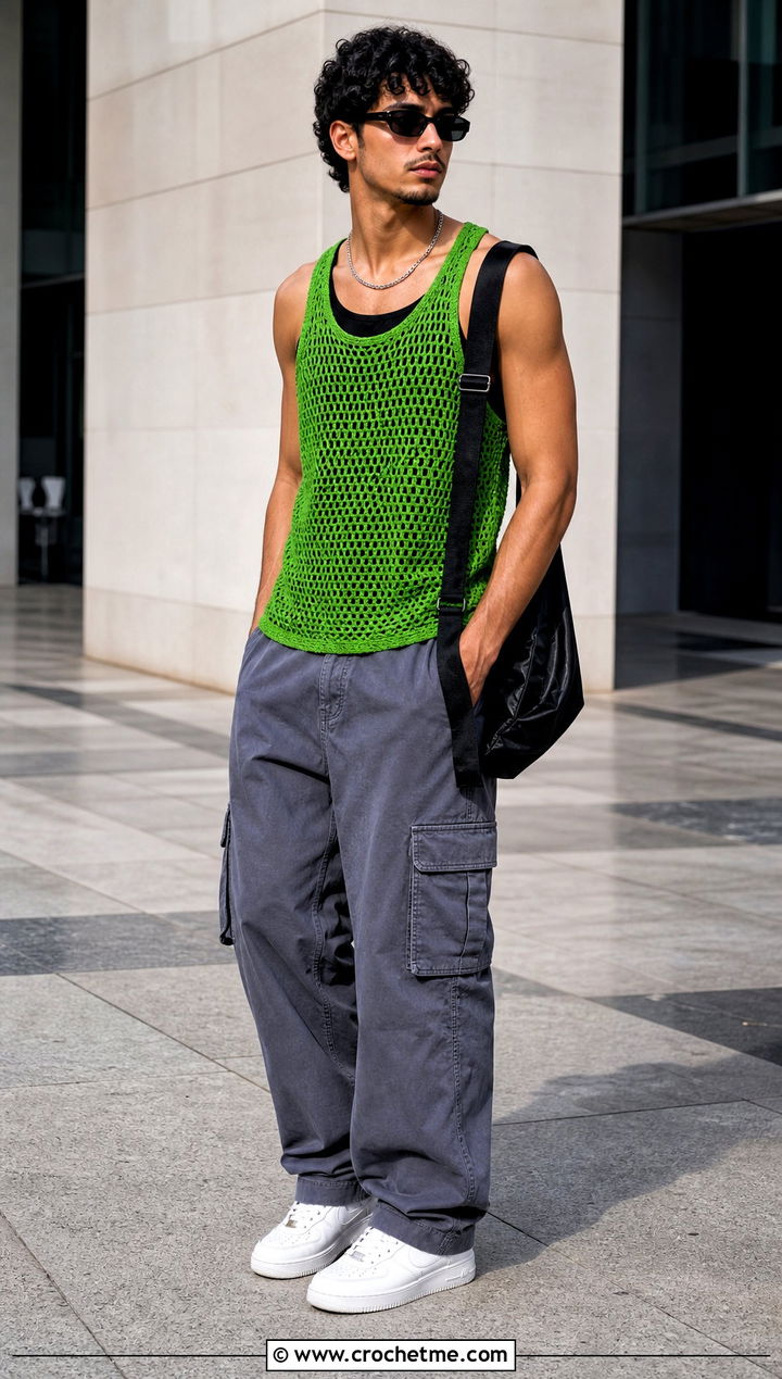 Crochet Mesh Tank Top With Cargo Pants - 15 crochet tops for men outfit ideas