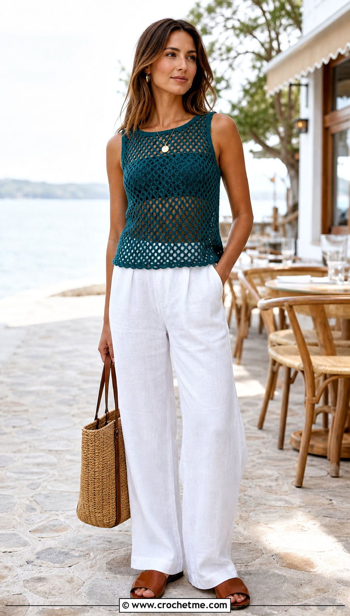 Crochet Mesh Tank Top With Linen Pants - 15 boho crochet summer top outfit ideas