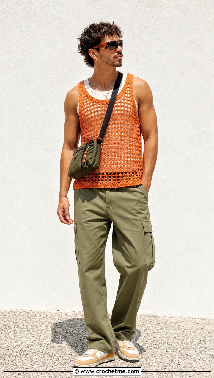 Crochet Mesh Tank With Cargo Pants - 15 men crochet clothes and outfit ideas