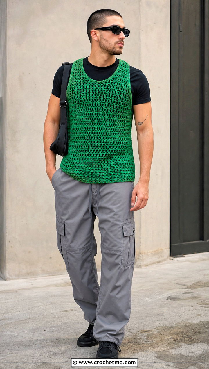 Crochet Mesh Tank With Cargo Pants - 25 crochet men's clothes and outfit ideas