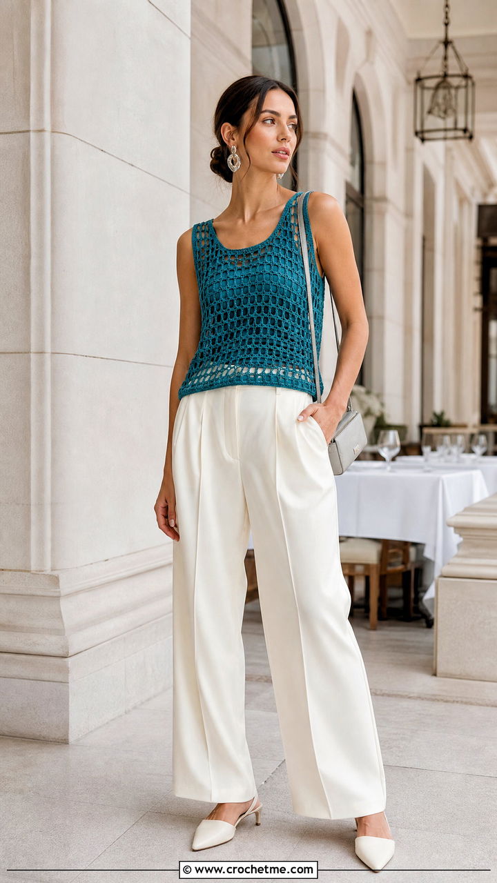 Crochet Mesh Tank With Wide Leg Trousers - 35 cute crochet clothes and outfit ideas